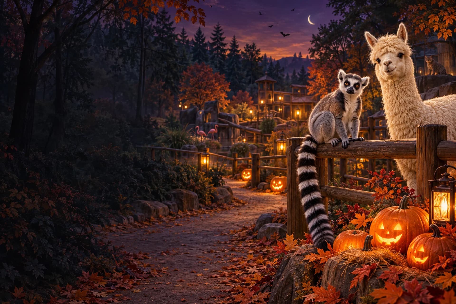 An autumn zoo with a lemur, alpaca, pumpkins and glowing lanterns